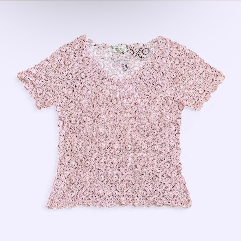 Vintage Silk Crochet Pink Top Hand Knit Boho V Neck Lightweight